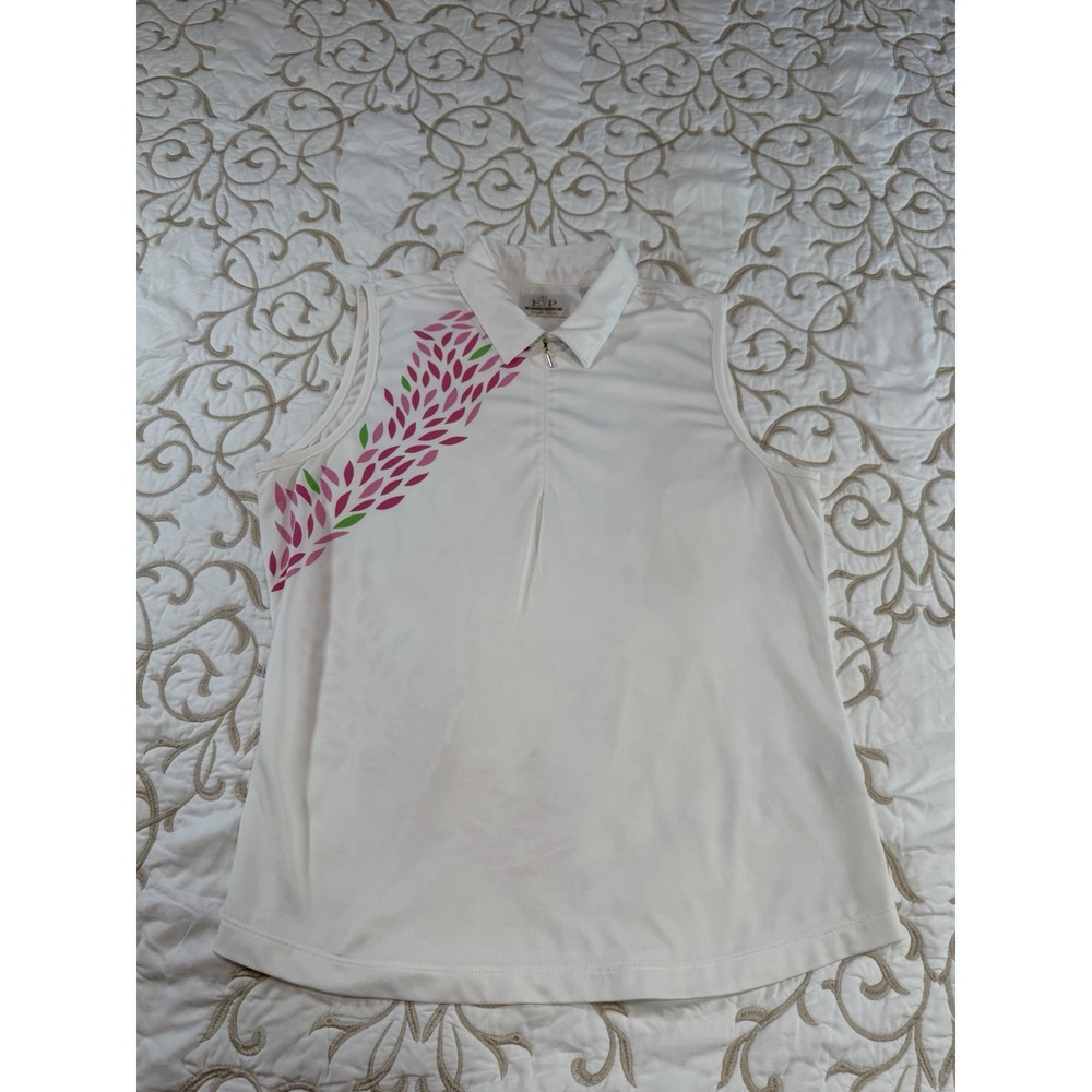 EP Pro Tour Tech Womens L Golf Polo Top Sleeveless White Pink Floral 1/4 Zip